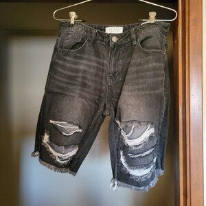 Distressed black jean shorts